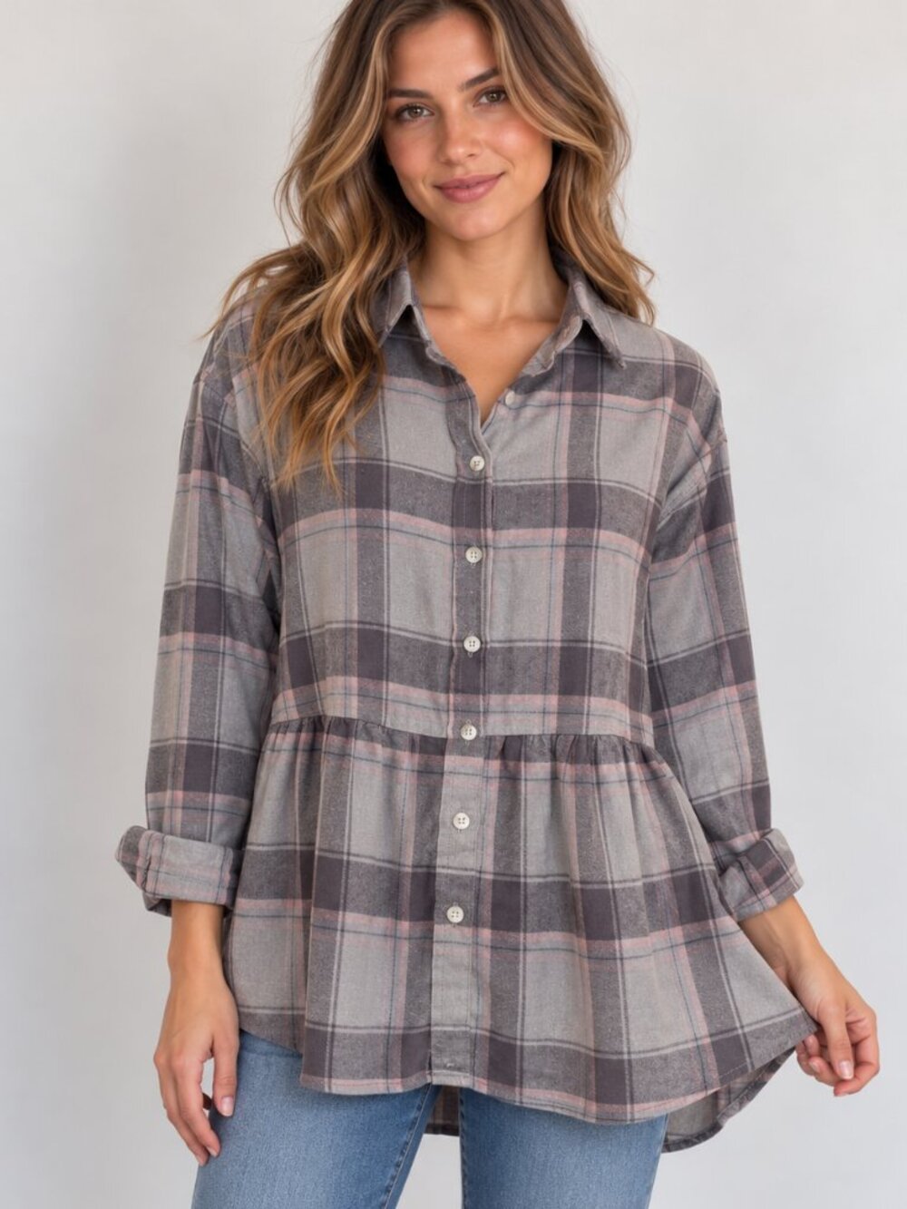 Wishlist Apparel Gray Pink Plaid Babydoll Flannel Top S/M Cottage